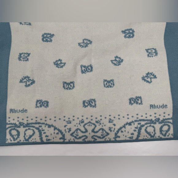 RHUDE Men's Blue Cream Button Down Banco Knit Short Sleeve Shirt Size Med - Picture 10 of 12